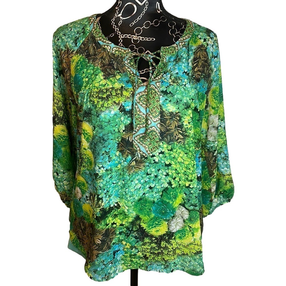 Olive Hill Floral Print Blouse Green Blue Lace Up Neck Long Sleeve‎ Top